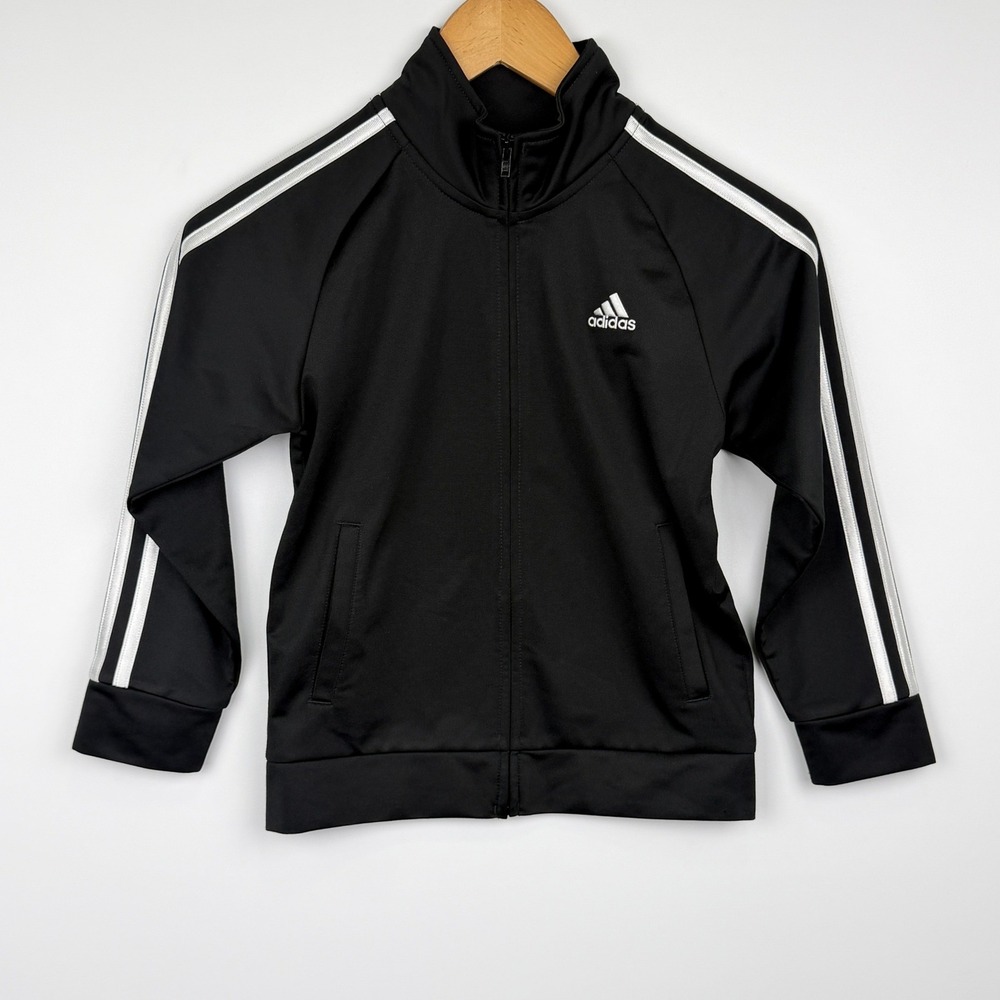 Adidas Track Jacket Youth S Black White 3-Stripe Full Zip Athletic Coat